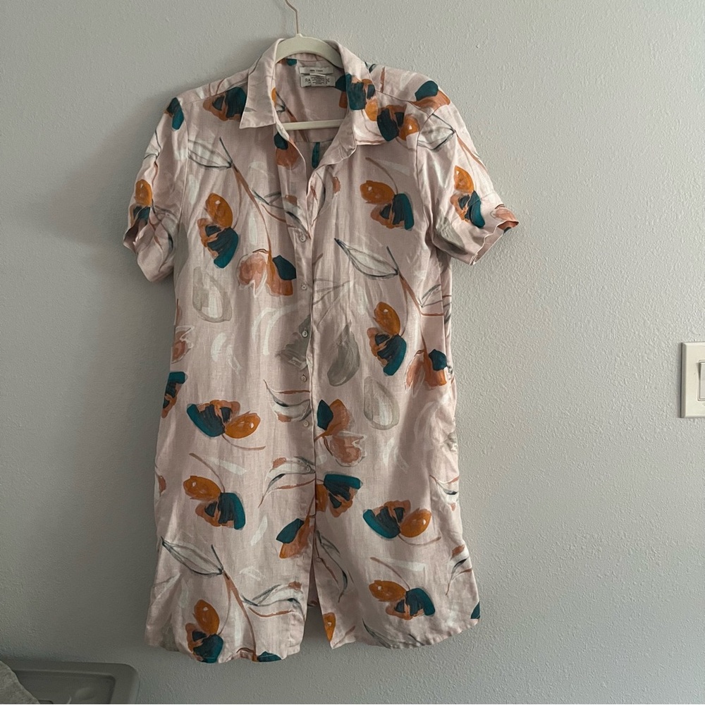 Rachel Zoe Linen Floral Button-Up Shirt Dress Size Medium